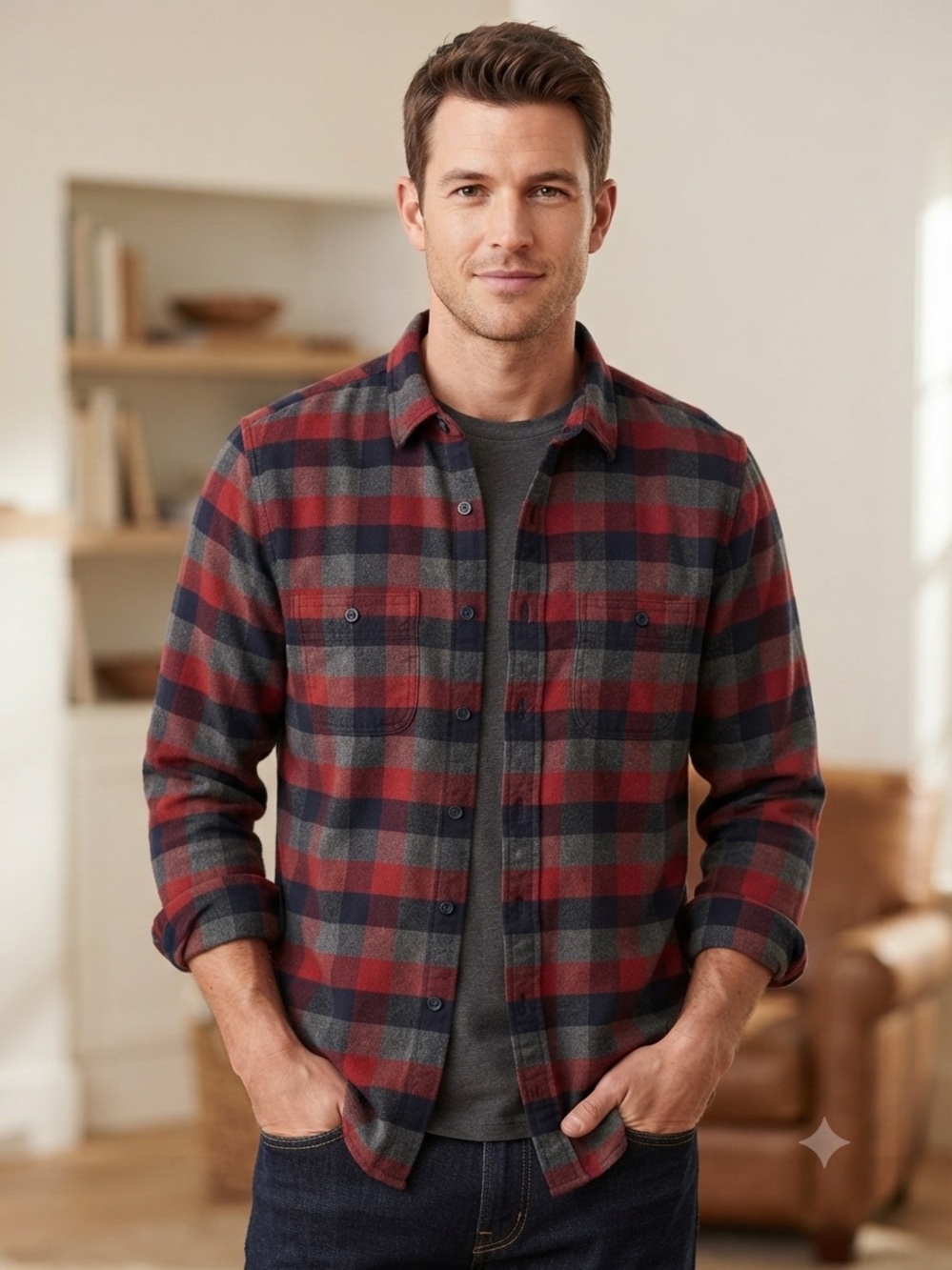 J. Crew Mercantile Red and Grey Plaid Button-Up Flannel Shirt